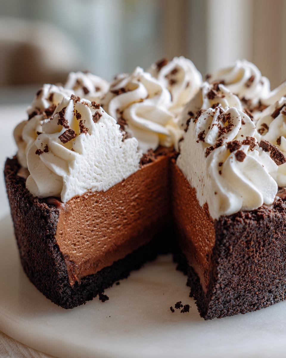 A slice removed from a decadent chocolate mousse pie showing the thick filling and dark crust, topped with piped whipped cream.