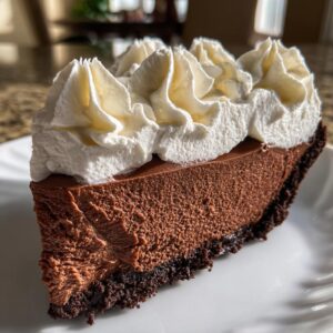A decadent slice of chocolate mousse pie featuring a dark crust, thick chocolate filling, and piped whipped cream topping.