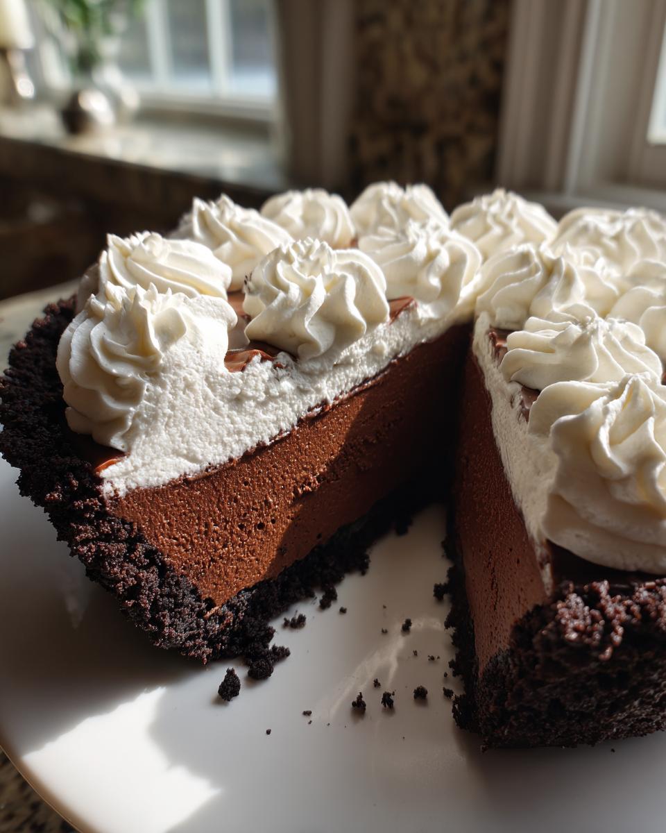 A close-up of a rich chocolate mousse pie with a dark crust, cut to show the filling and topped with swirls of whipped cream.