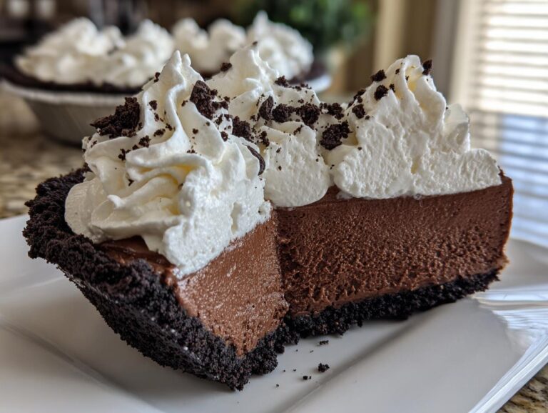 A thick slice of chocolate mousse pie with a dark crust, topped with swirls of whipped cream and chocolate crumbs.