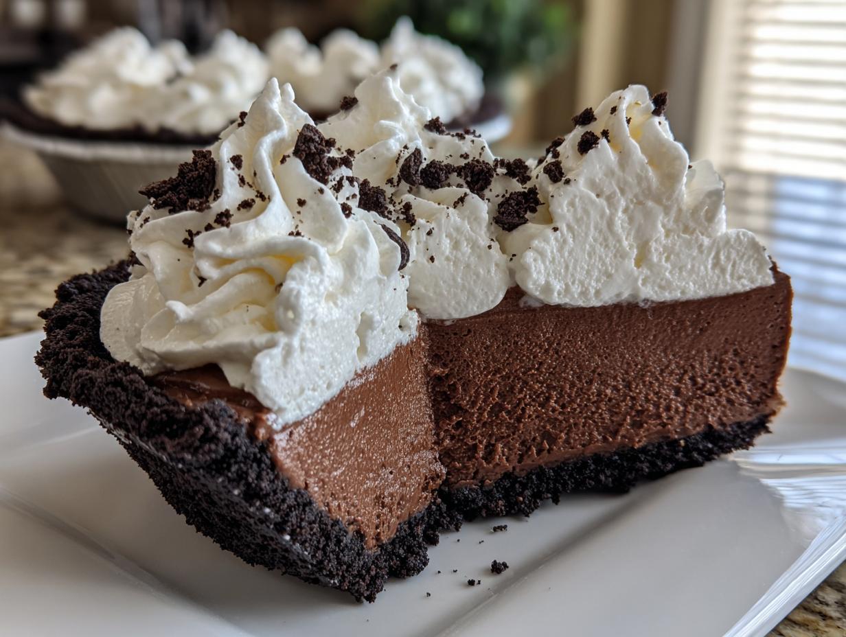 A thick slice of chocolate mousse pie with a dark crust, topped with swirls of whipped cream and chocolate crumbs.