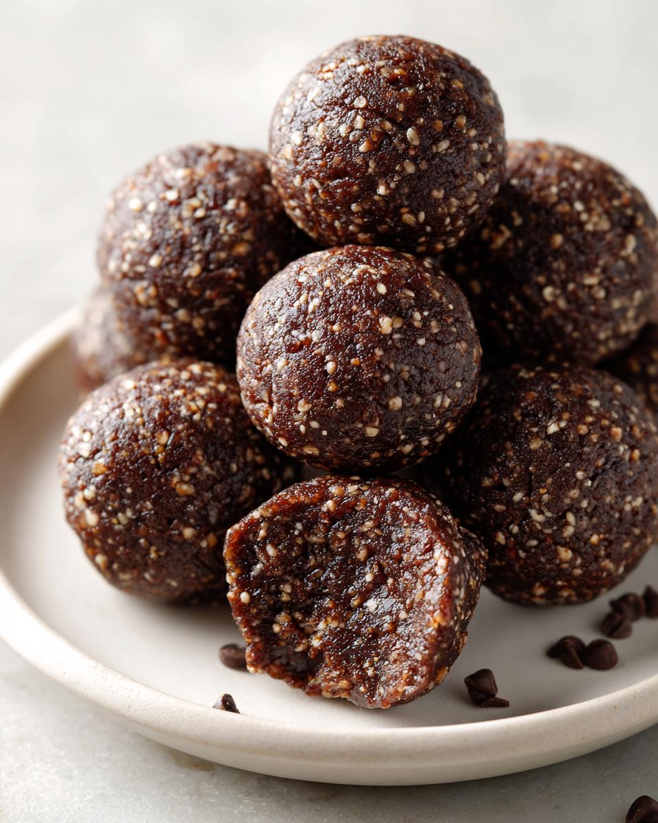 A stack of dark chocolate protein balls, one of which has a bite taken out, showing the dense, seedy interior.