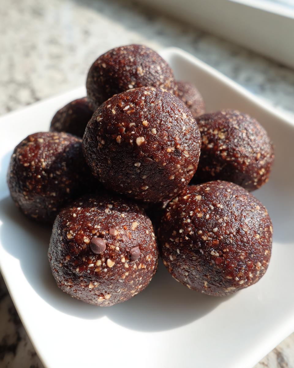 A close-up stack of dark chocolate protein balls, speckled with lighter ingredients, sitting on a white dish.