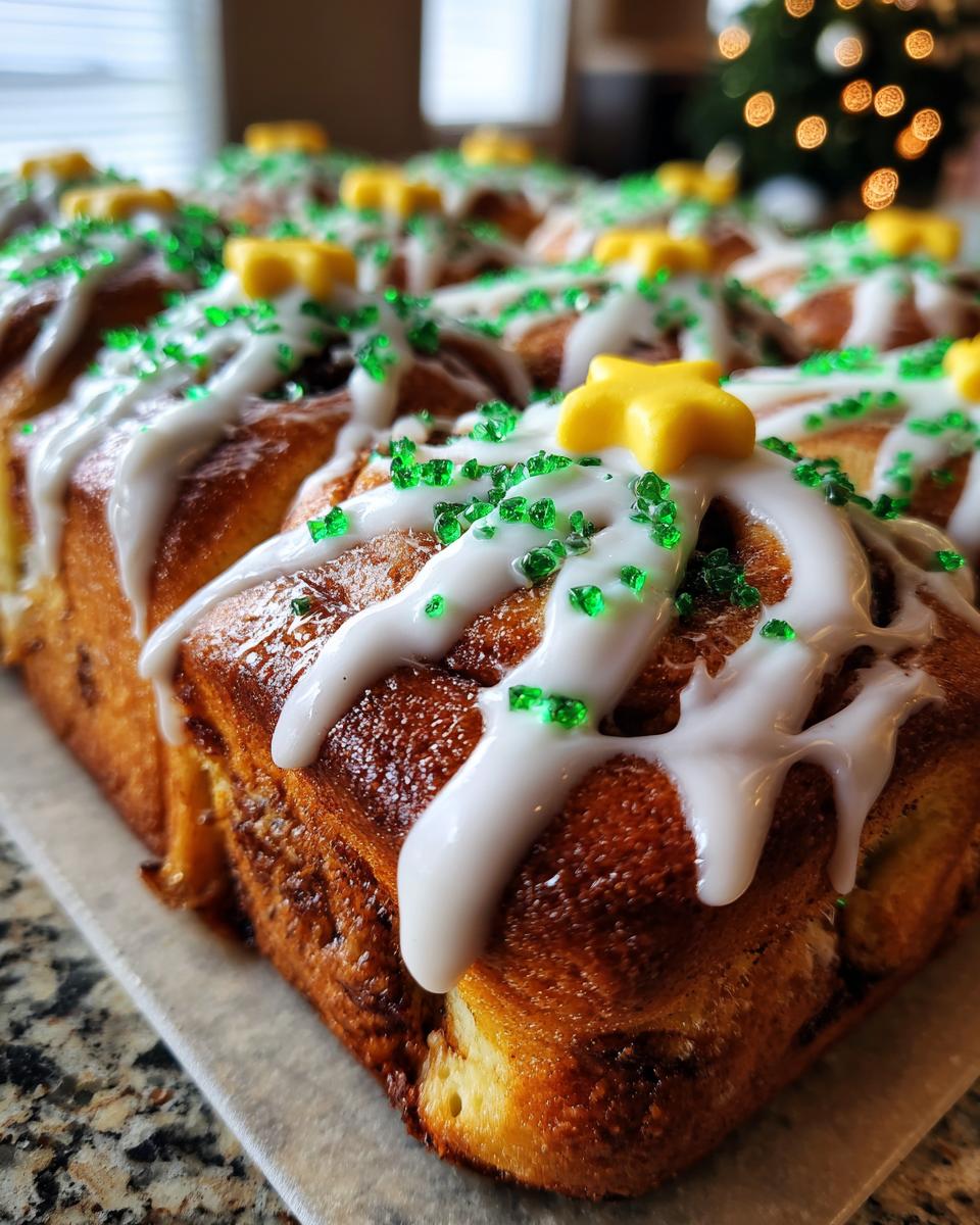 Close-up of freshly baked christmas tree cinnamon rolls drizzled with white icing, green sprinkles, and topped with yellow star candies.
