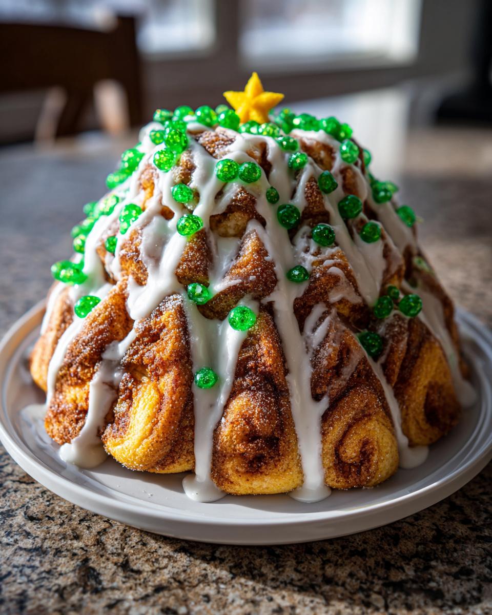 A beautifully decorated Christmas tree cinnamon rolls pull-apart bread topped with white icing and bright green candy ornaments.