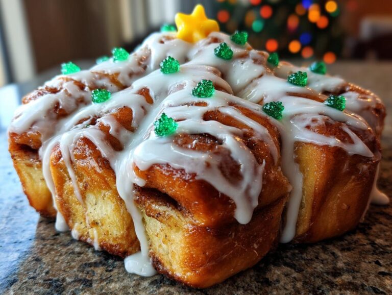 Close-up of freshly baked christmas tree cinnamon rolls topped with white icing and green sprinkles, with a yellow star on top.