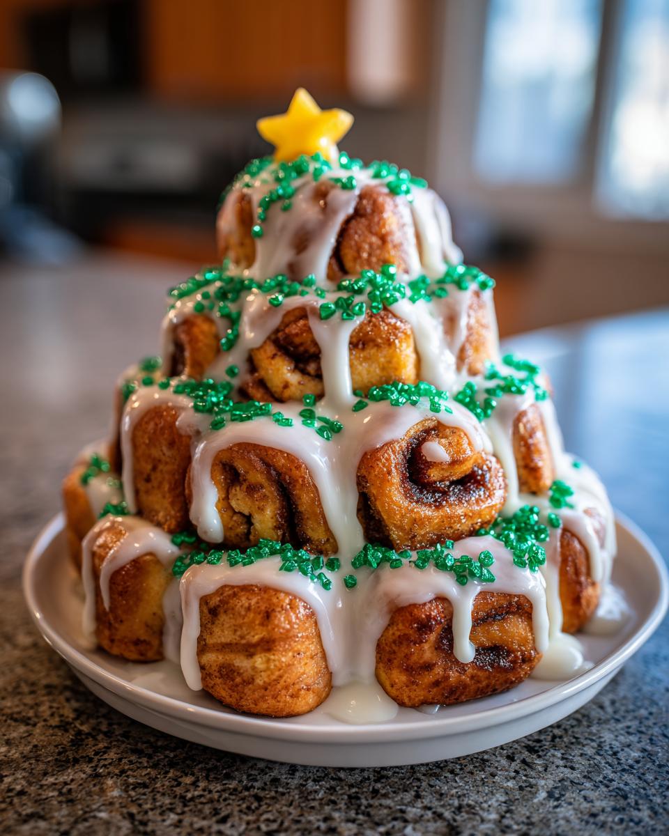 A tiered tower of baked cinnamon rolls arranged as a Christmas tree, topped with white icing, green sprinkles, and a yellow star.