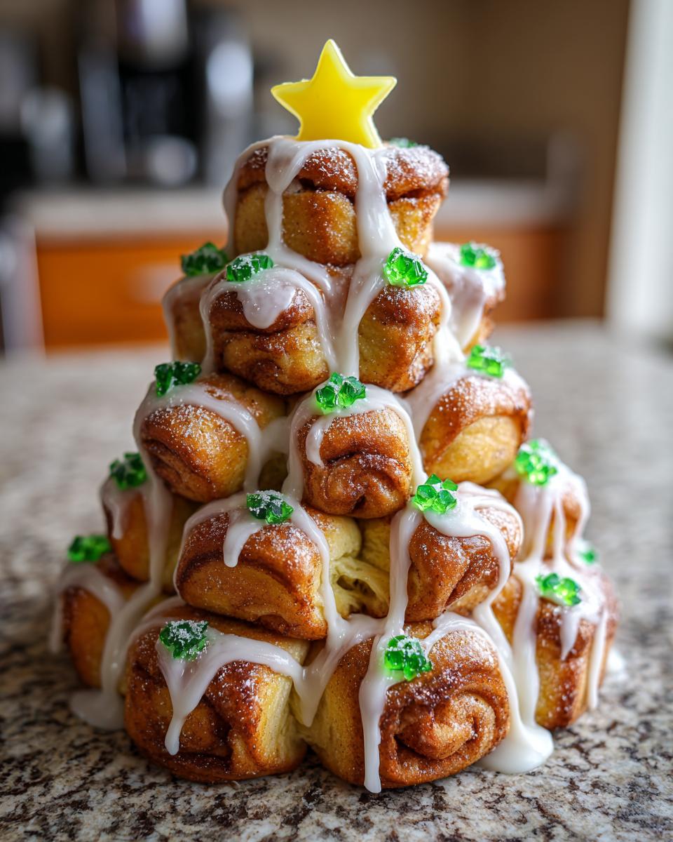 A tower of baked cinnamon rolls arranged like a Christmas tree, drizzled with white icing and green candies, topped with a yellow star.