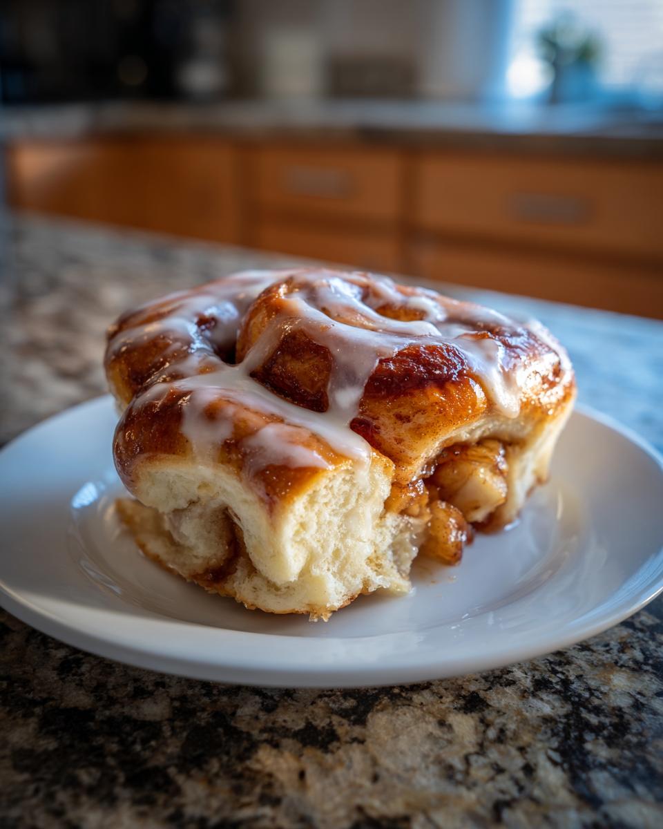 Close-up of a soft, glazed cinnamon roll apple pie piece showing fluffy interior and apple filling.