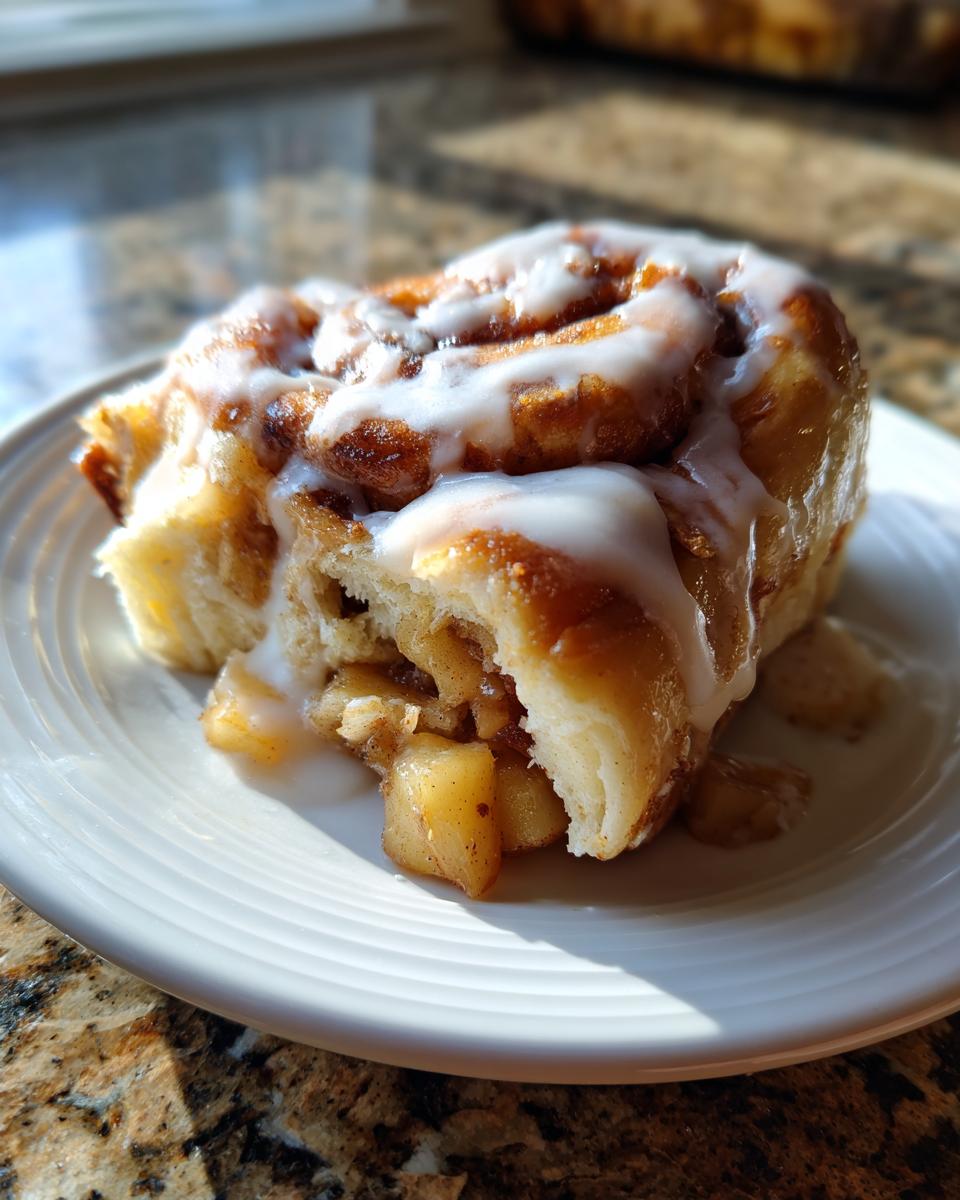 A close-up of a soft, glazed cinnamon roll apple pie piece showing the gooey apple filling inside.