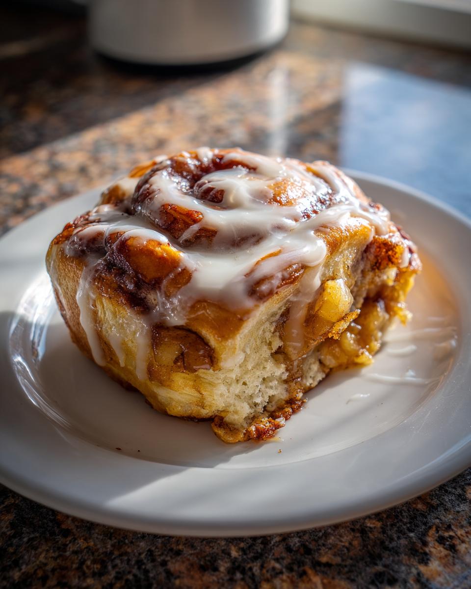 A single, gooey cinnamon roll apple pie piece topped with white icing, sitting on a white plate.