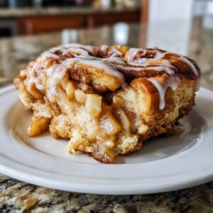 A close-up of a single serving of cinnamon roll apple pie, filled with spiced apples and drizzled with white icing.