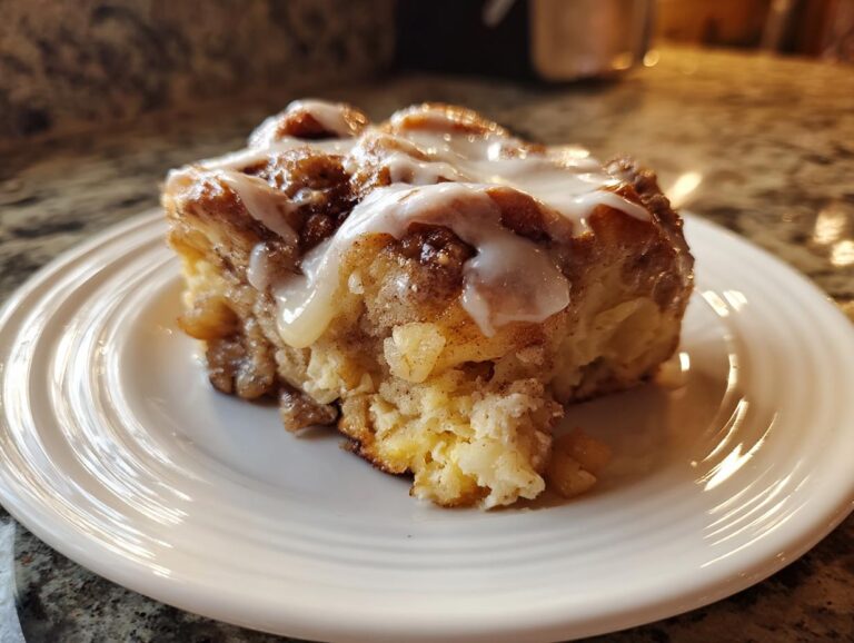 A close-up of a moist slice of cinnamon roll apple pie topped with sweet white icing.