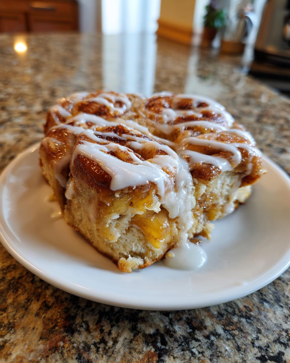 Four squares of gooey cinnamon roll apple pie topped with thick white icing, served on a white plate.