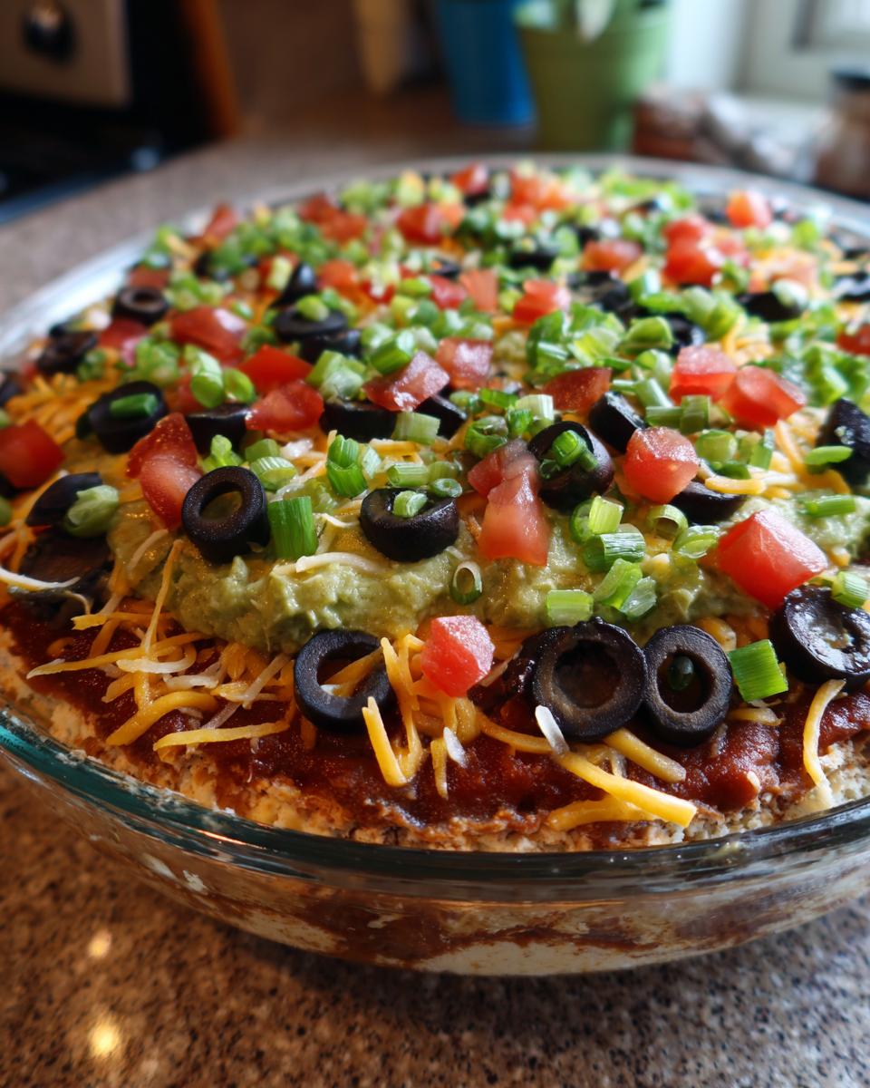 Close-up of a vibrant 7 layer dip topped with guacamole, shredded cheese, black olives, tomatoes, and green onions.
