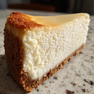 Close-up of a thick, creamy slice of classic cheesecake recipe with a golden brown top and graham cracker crust.