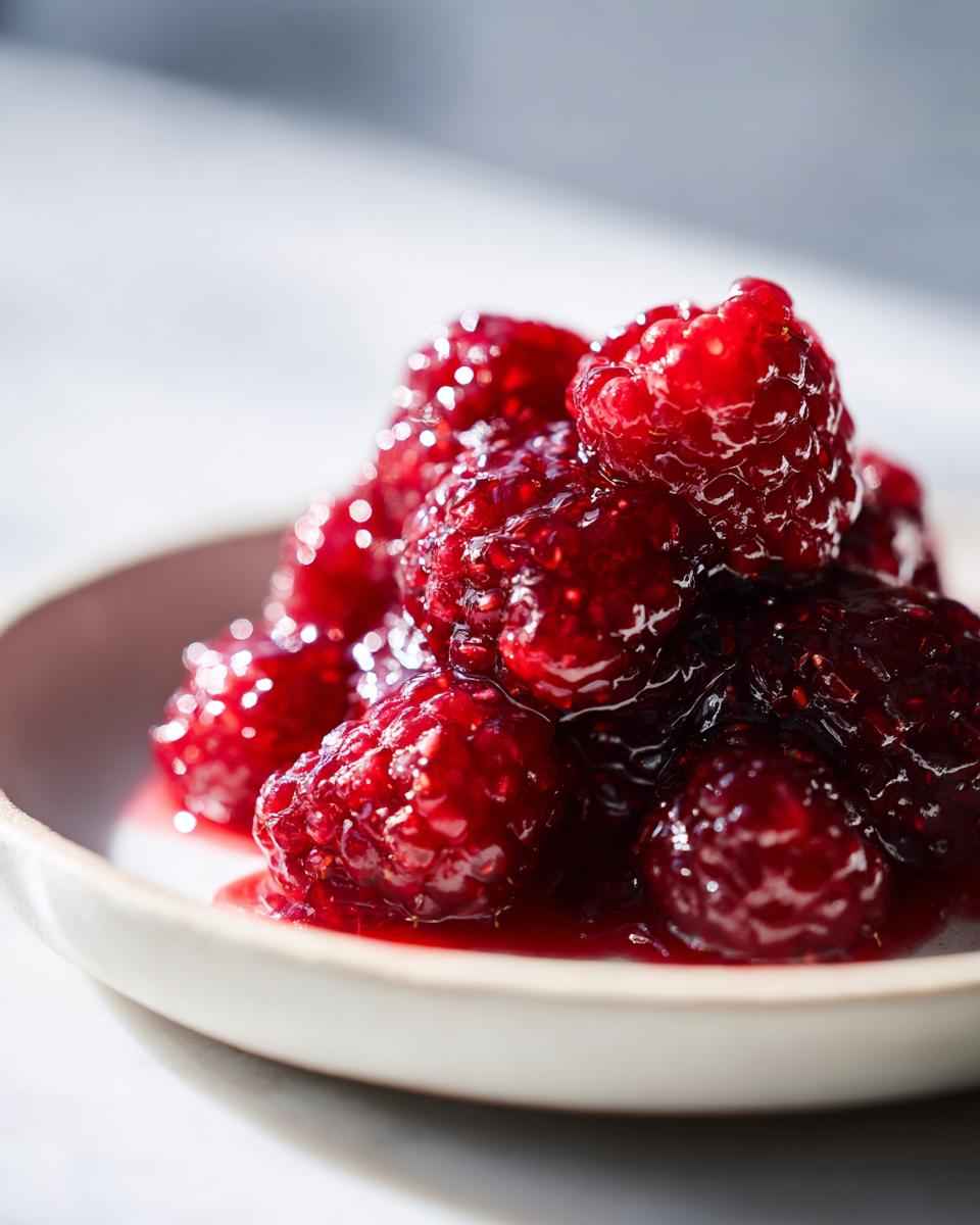 Close-up of whole, glistening raspberries coated in thick, bright red raspberry jam in a small bowl.