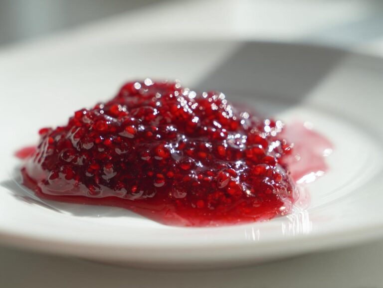 A glistening dollop of chunky, bright red raspberry jam sits on a white plate, catching the light.