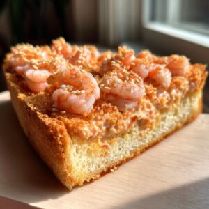 A thick slice of golden brown shrimp toast topped with creamy shrimp mixture, whole cooked shrimp, and sesame seeds.
