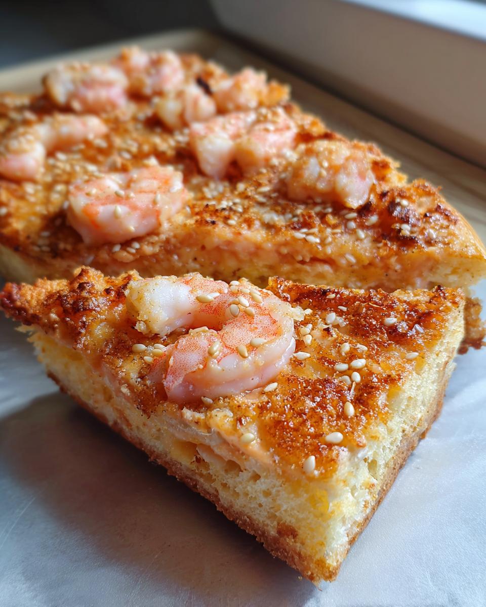 A close-up, angled shot of a thick slice of golden brown shrimp toast topped with cooked shrimp and sesame seeds.