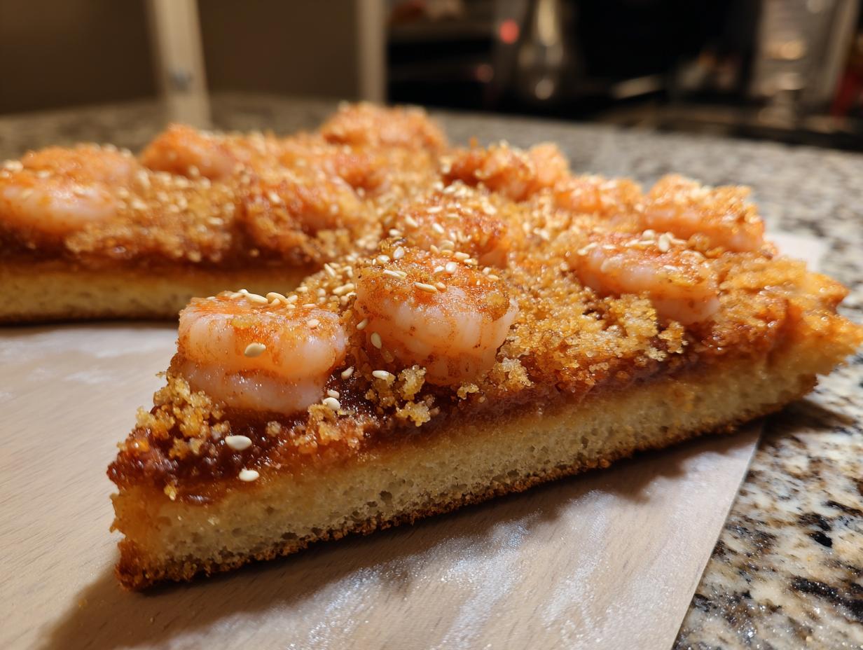 A close-up cross-section view of a thick slice of shrimp toast topped with seasoned shrimp and sesame seeds.
