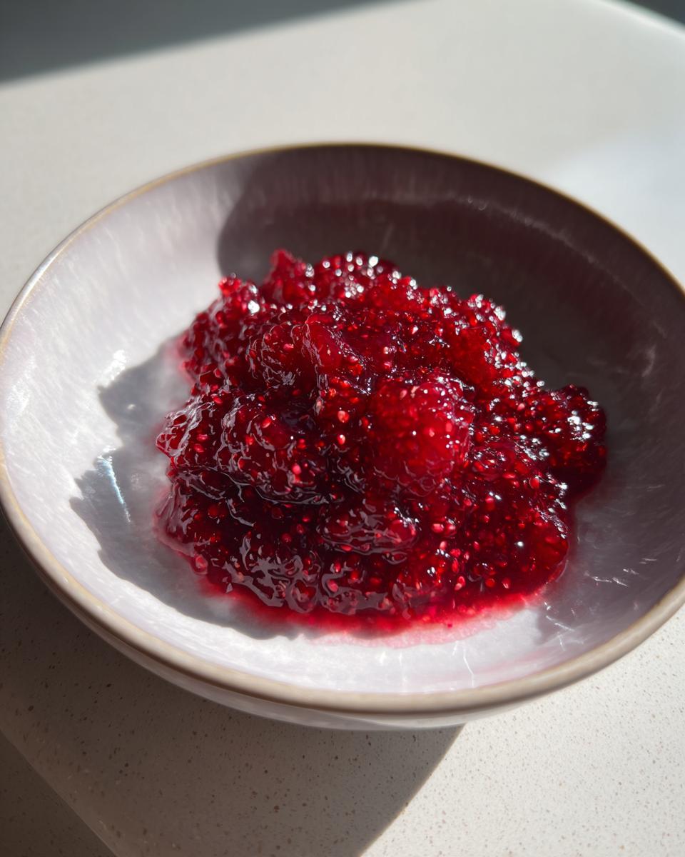 A close-up shot of thick, vibrant red raspberry jam with visible seeds, served in a small light-colored bowl.