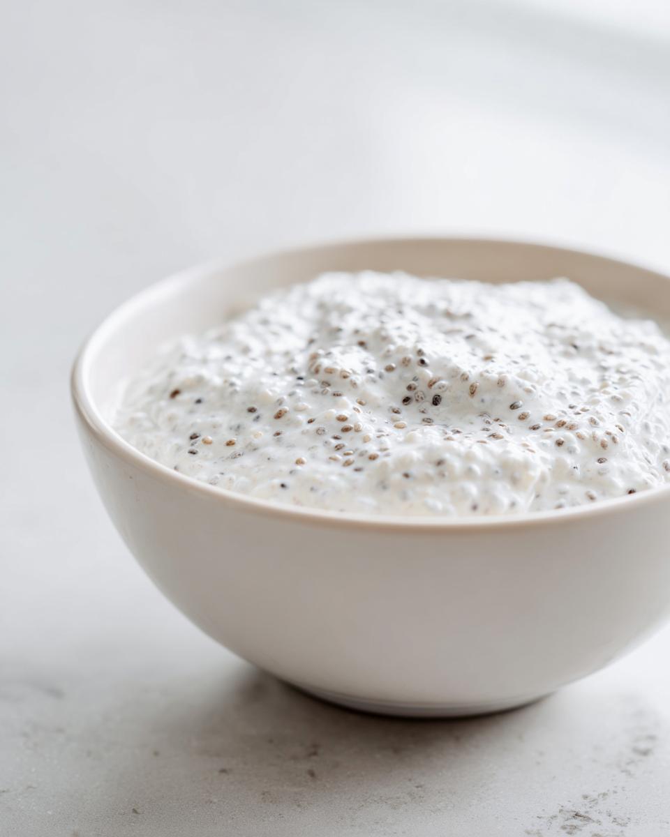 Close-up of creamy coconut chia pudding texture in a light beige bowl.