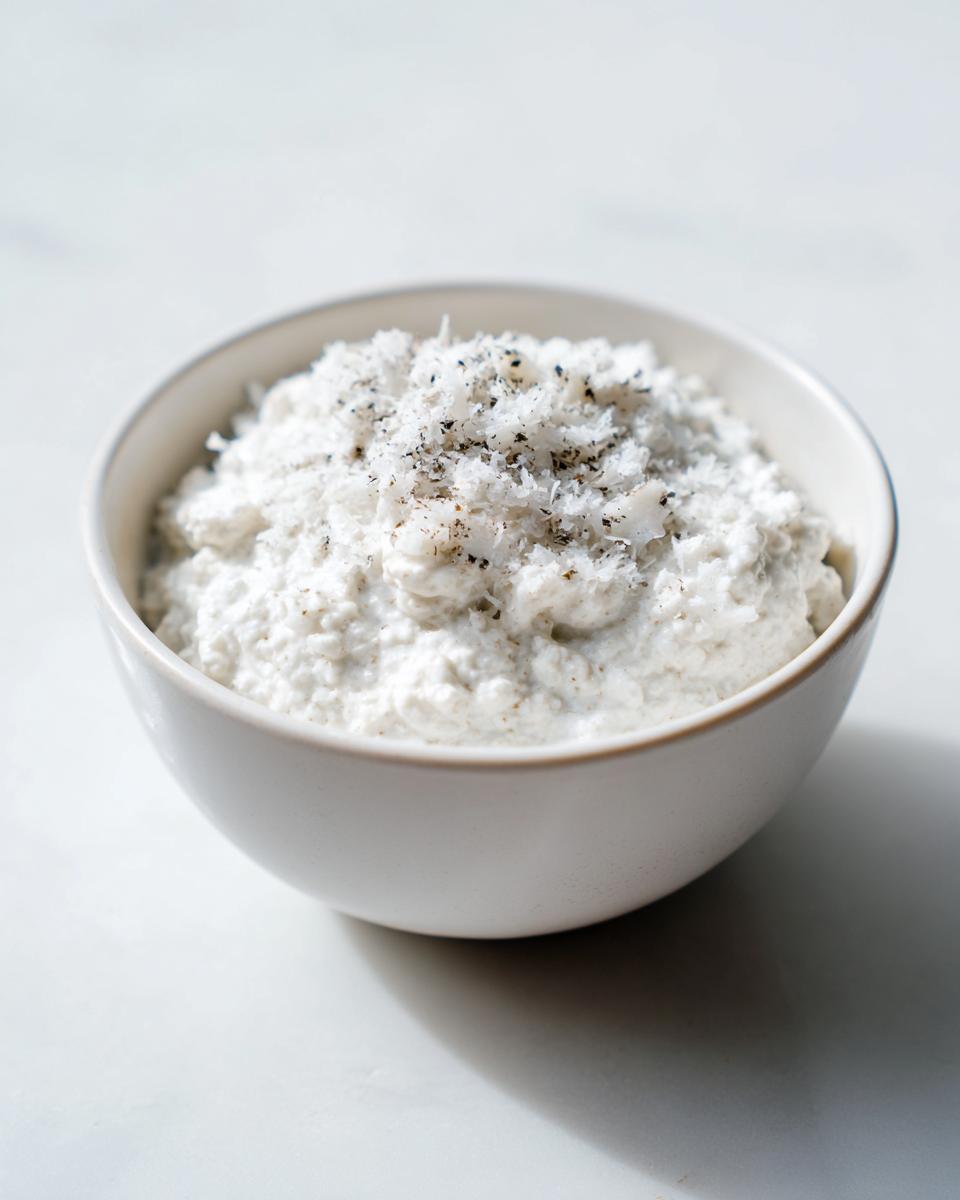 A close-up of creamy coconut chia pudding topped with shredded coconut in a white bowl.