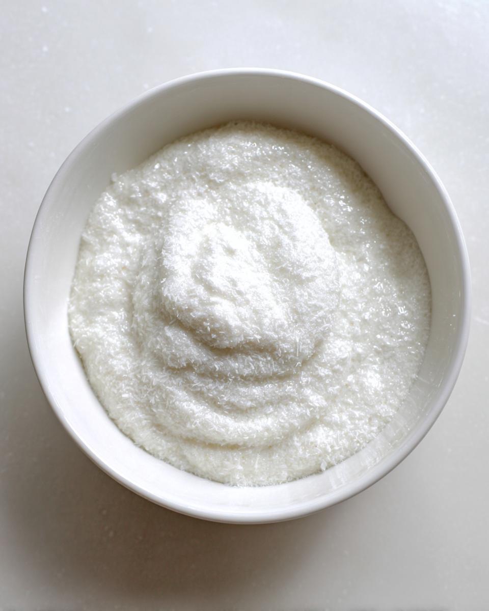 Overhead view of creamy white coconut chia pudding with visible shredded coconut texture in a white bowl.