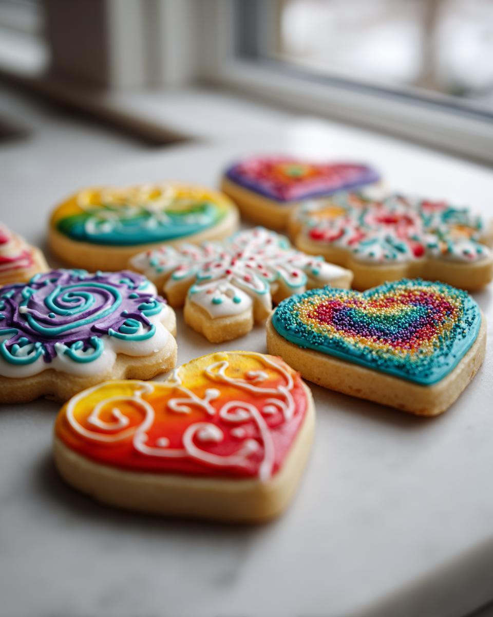 Assortment of decorated sugar cookies featuring vibrant colors and detailed piping from a sugar cookie icing recipe.