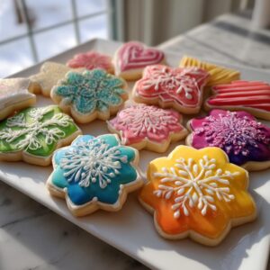 A platter of brightly colored sugar cookies decorated with intricate white royal icing snowflakes, showcasing the results of a good sugar cookie icing recipe.