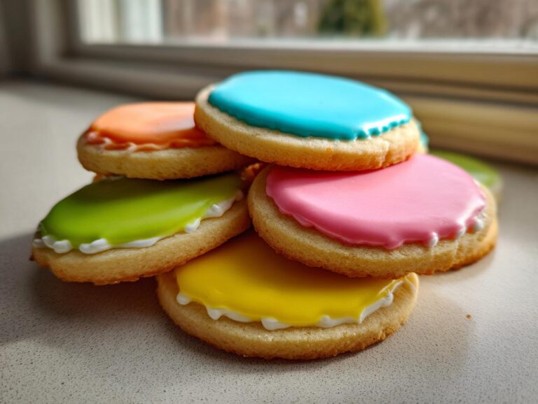 A stack of round sugar cookies topped with brightly colored, smooth sugar cookie icing that hardens, featuring blue, pink, yellow, and green.