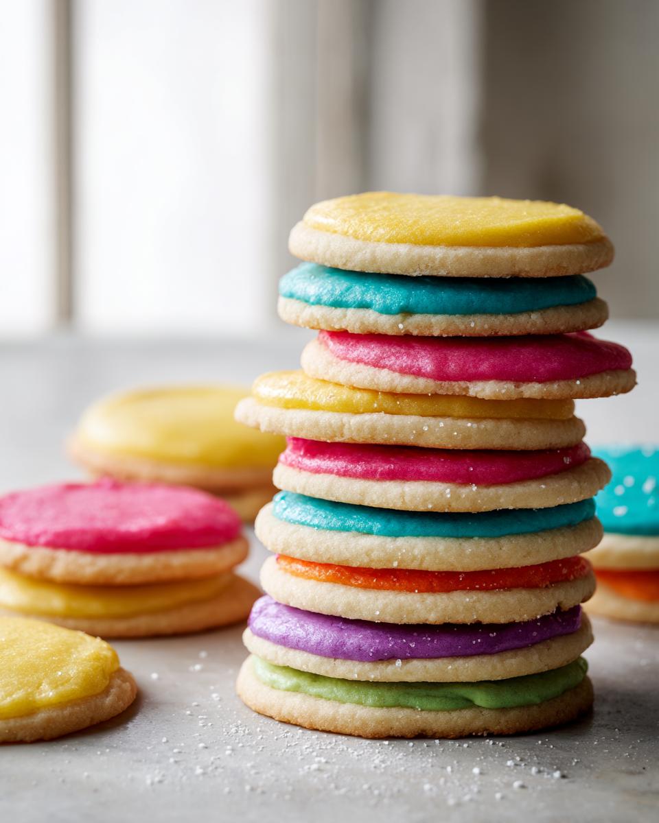 Stack of sugar cookies with brightly colored sugar cookie icing that hardens, featuring yellow, blue, pink, and purple layers.