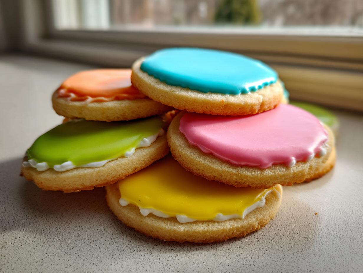 A stack of round sugar cookies topped with brightly colored, smooth sugar cookie icing that hardens, featuring blue, pink, yellow, and green.