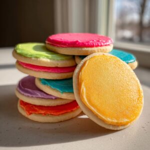 Stack of sugar cookies topped with brightly colored, smooth sugar cookie icing that hardens, featuring orange, pink, green, and blue.