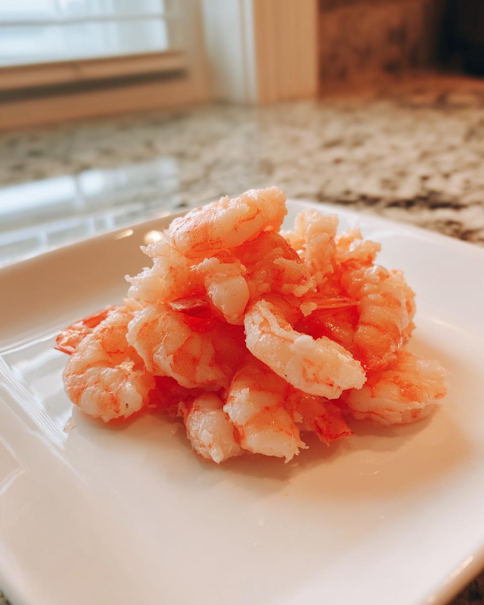 A pile of cooked, pink, peeled shrimp served on a square white plate, perfect for an air fryer frozen shrimp recipe.