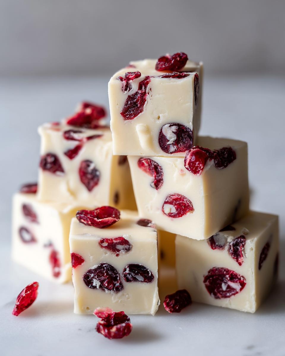 A stack of creamy white chocolate fudge cubes studded with dried cranberries, perfect for a quick white chocolate fudge recipe.