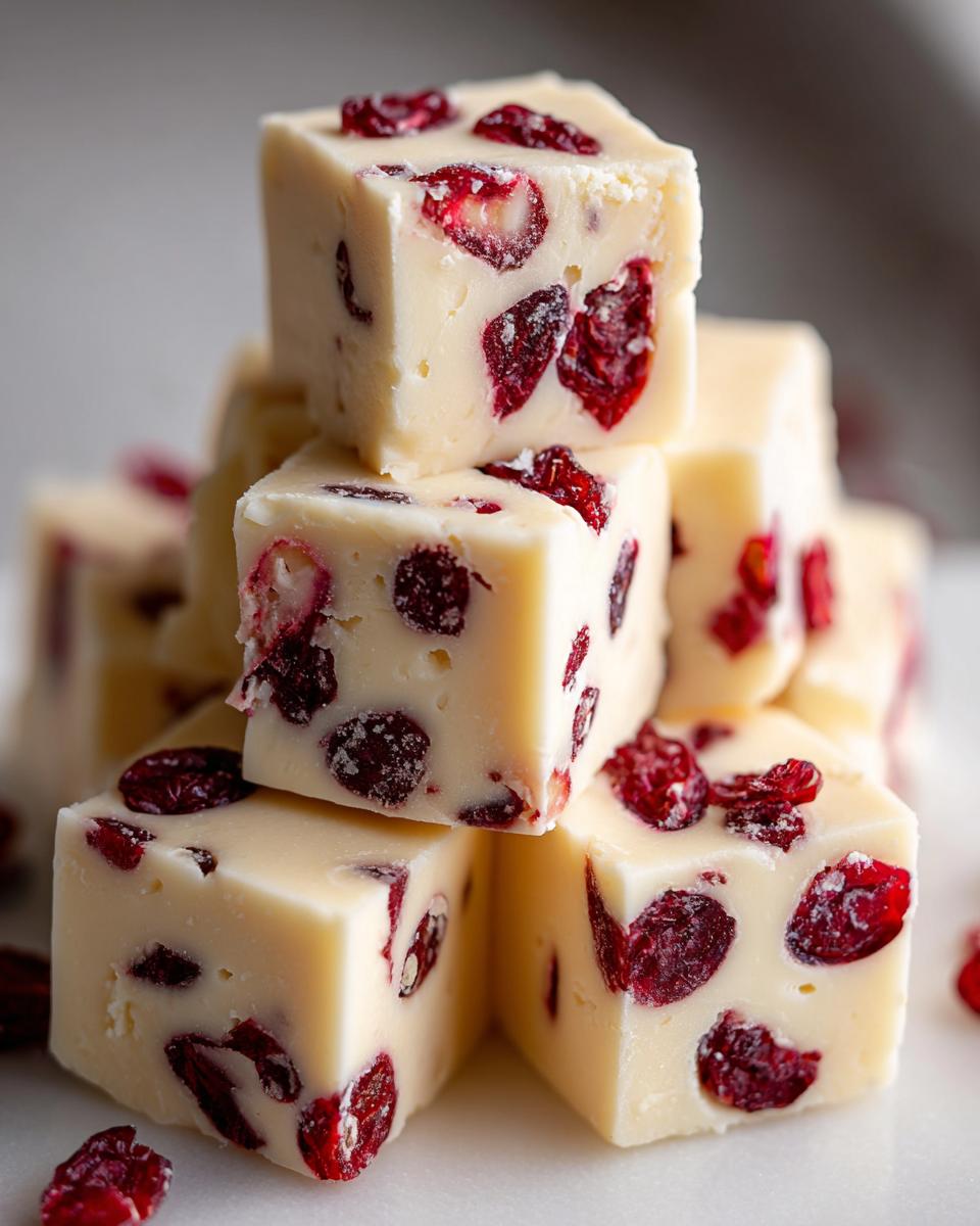 Close-up of stacked cubes of creamy white chocolate fudge studded with dried cranberries.