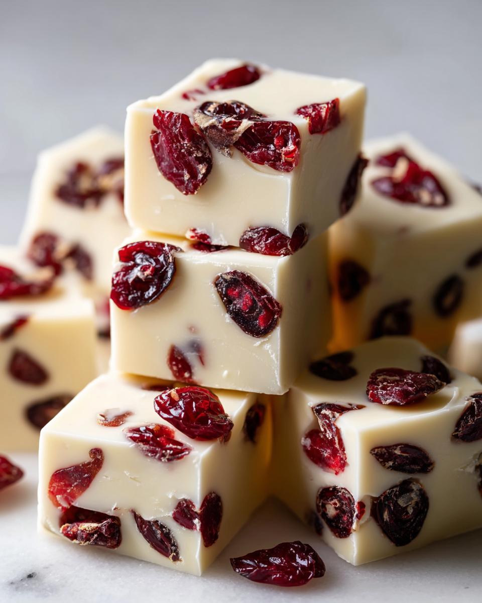 Close-up of stacked white chocolate fudge cubes studded with dried cranberries, showcasing the texture of the white chocolate fudge.