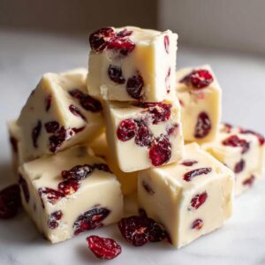 A stack of creamy white chocolate fudge cubes studded with dried cranberries, perfect for a holiday treat.