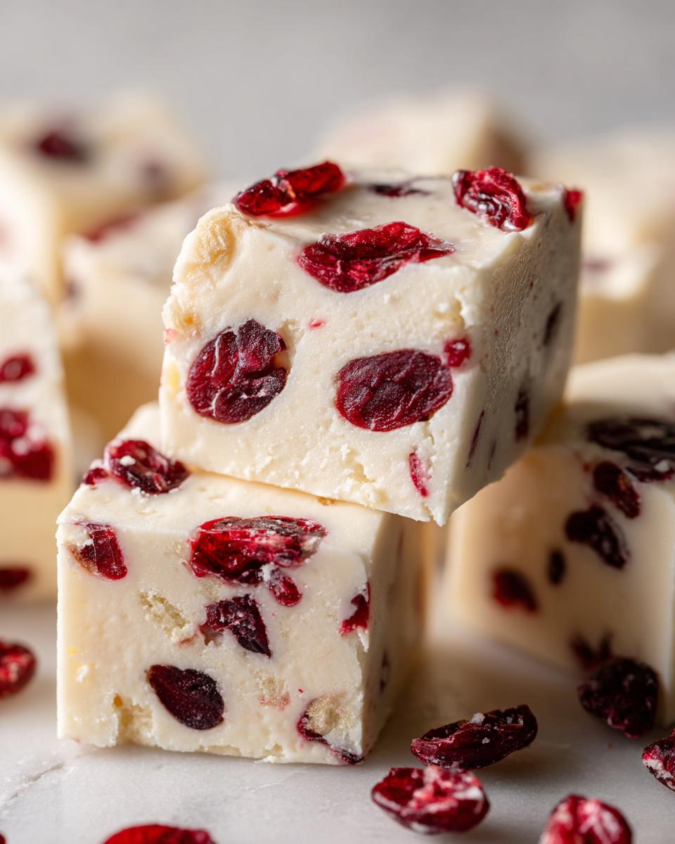 Close-up of two stacked squares of creamy white chocolate fudge studded with dried cranberries.