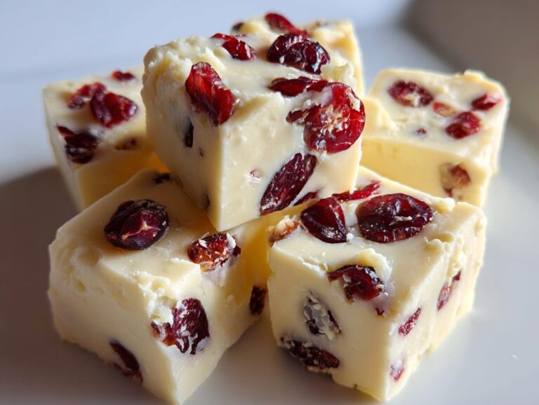 Close-up of several creamy white chocolate fudge squares studded with dried cranberries.
