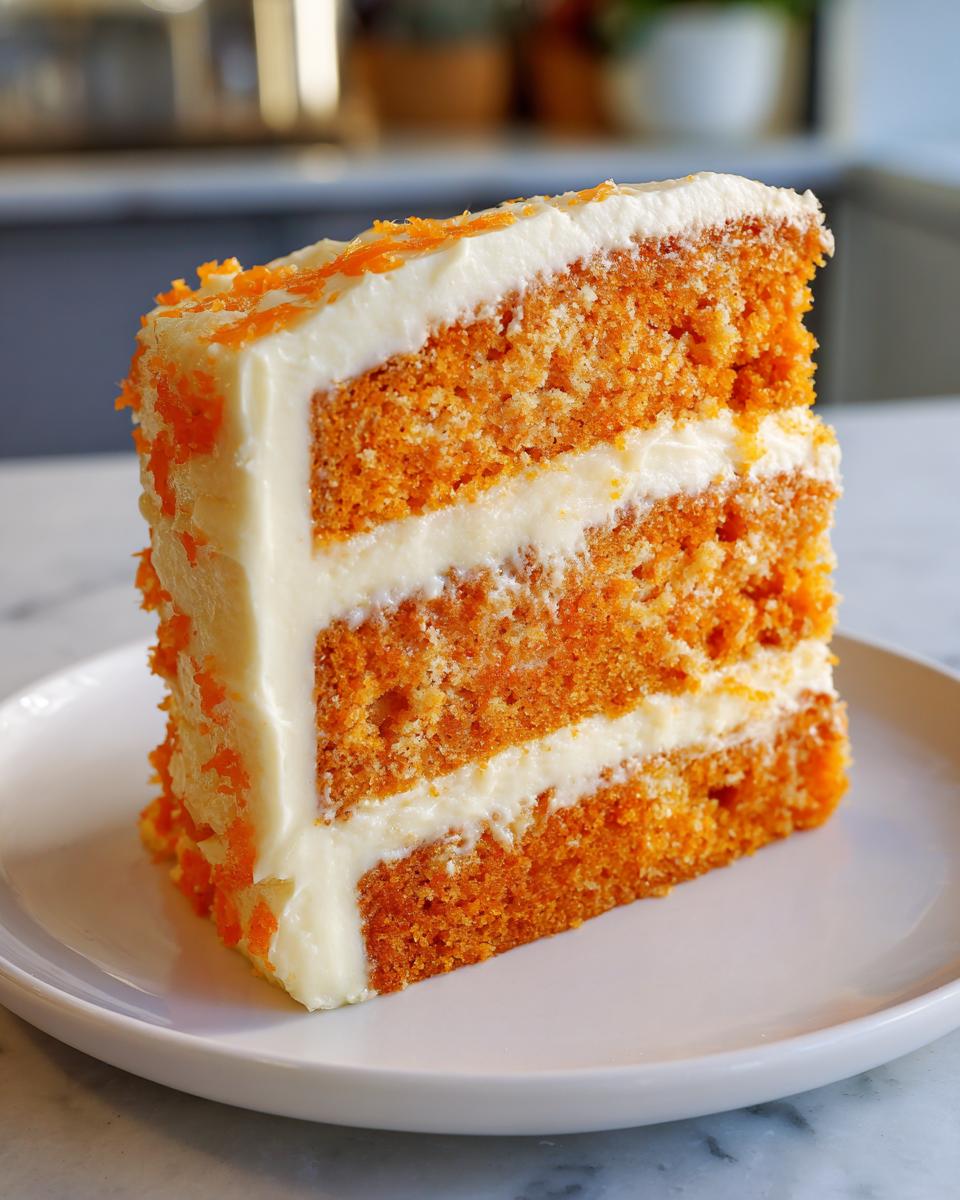 A tall slice of vibrant orange Creamsicle Cake with three layers and thick white frosting.