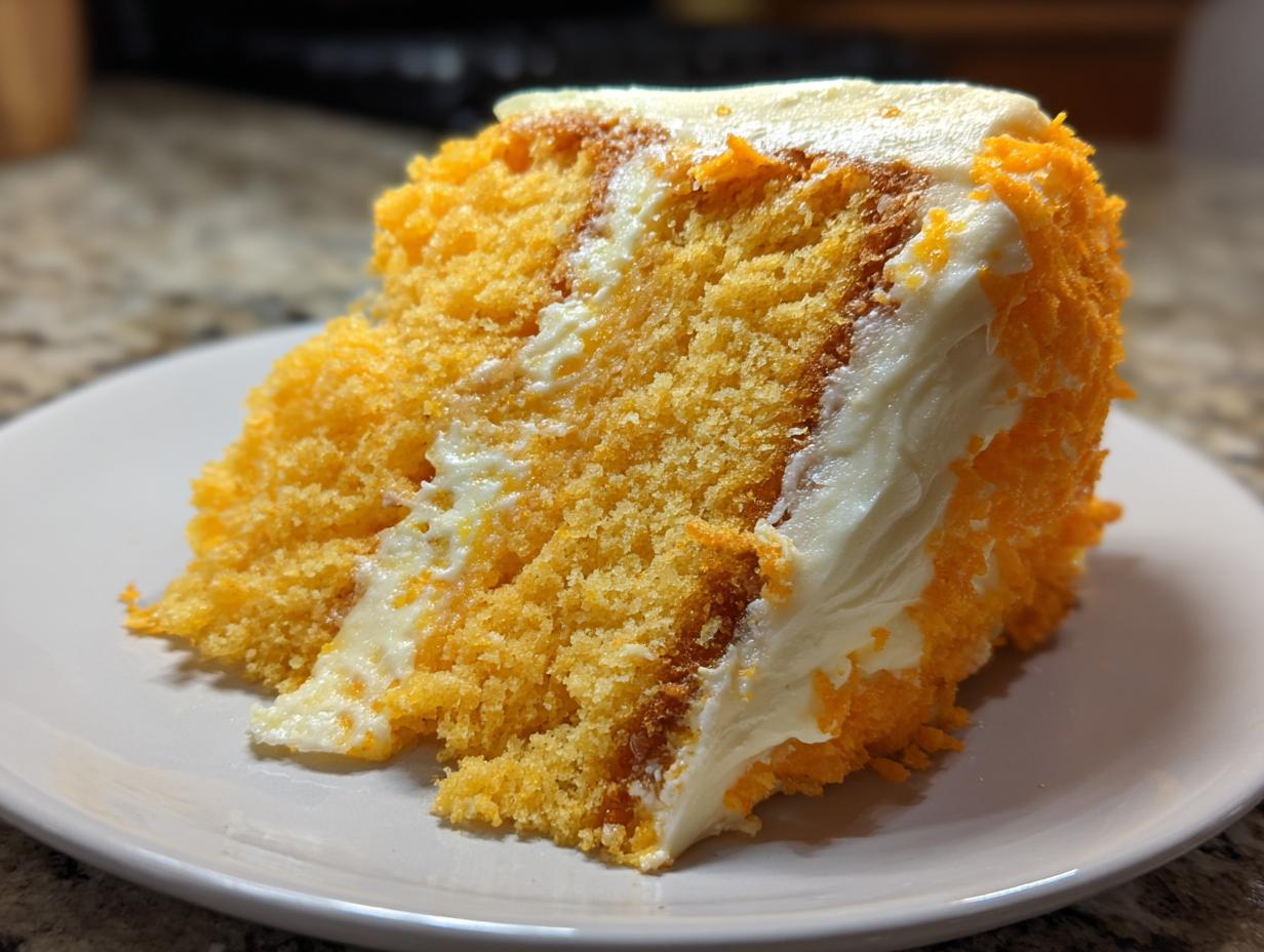 A close-up shot of a moist slice of orange Creamsicle Cake layered with white frosting and covered in orange crumbs.