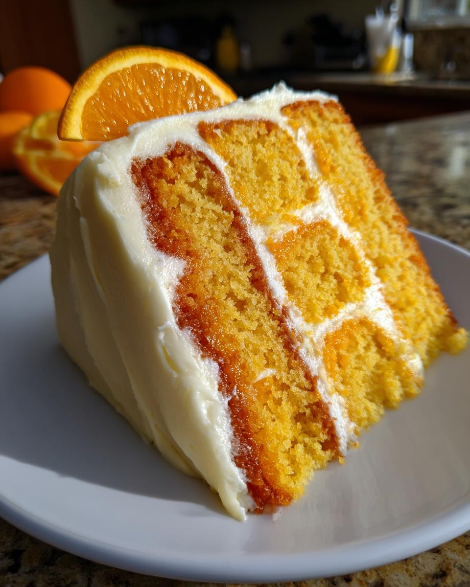 A tall slice of Creamsicle Cake featuring bright orange layers separated by white cream cheese frosting, topped with an orange slice.