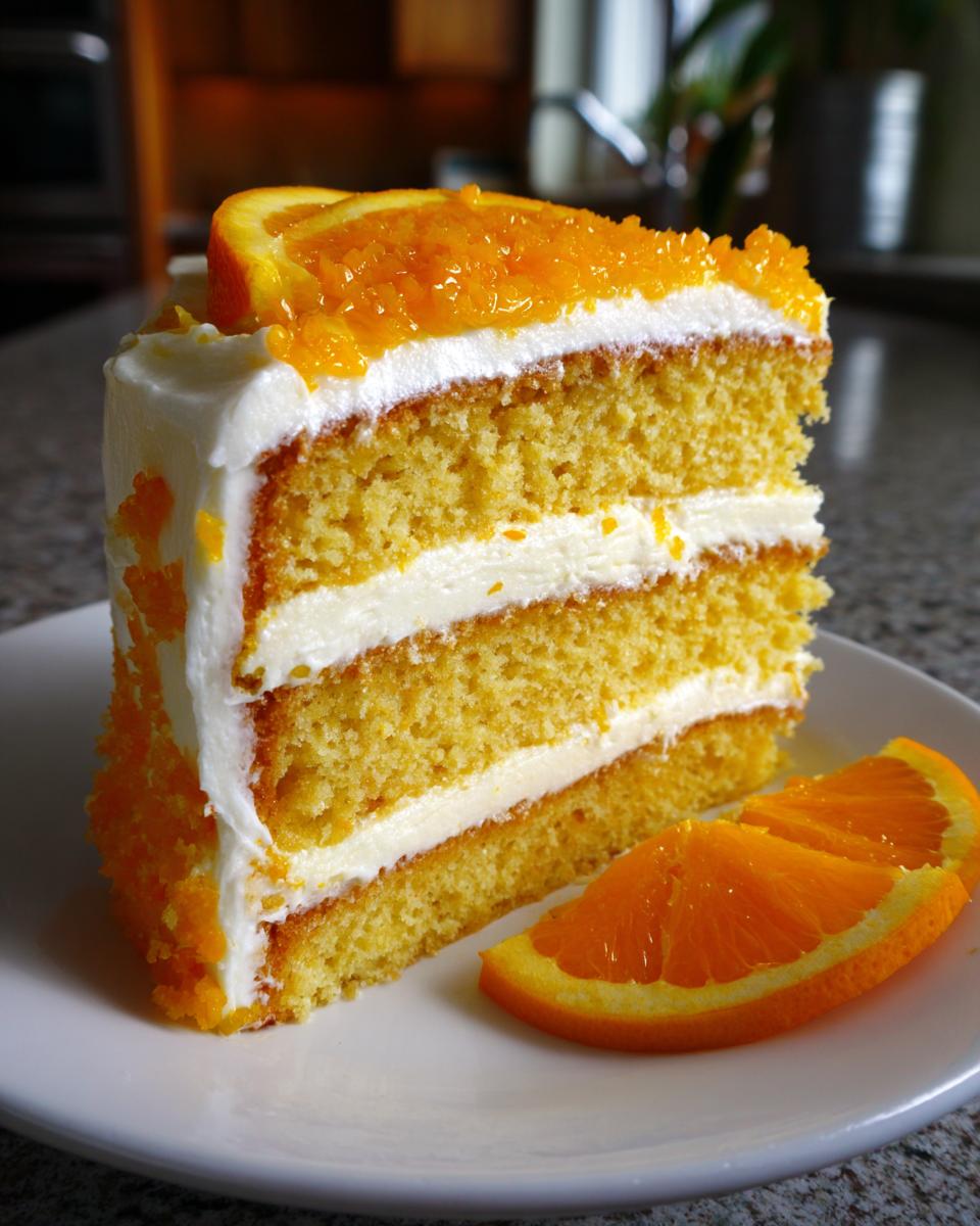 A tall slice of Creamsicle Cake featuring three layers of orange sponge, white frosting, and topped with orange zest and a slice.