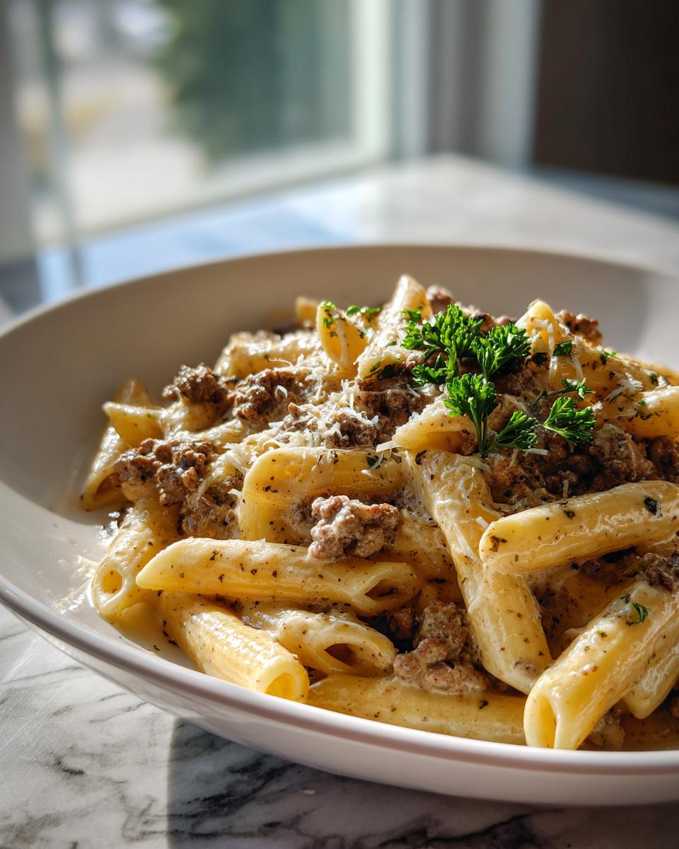 Close-up of creamy beef pasta featuring penne noodles coated in a rich sauce with ground beef, topped with grated cheese and parsley.
