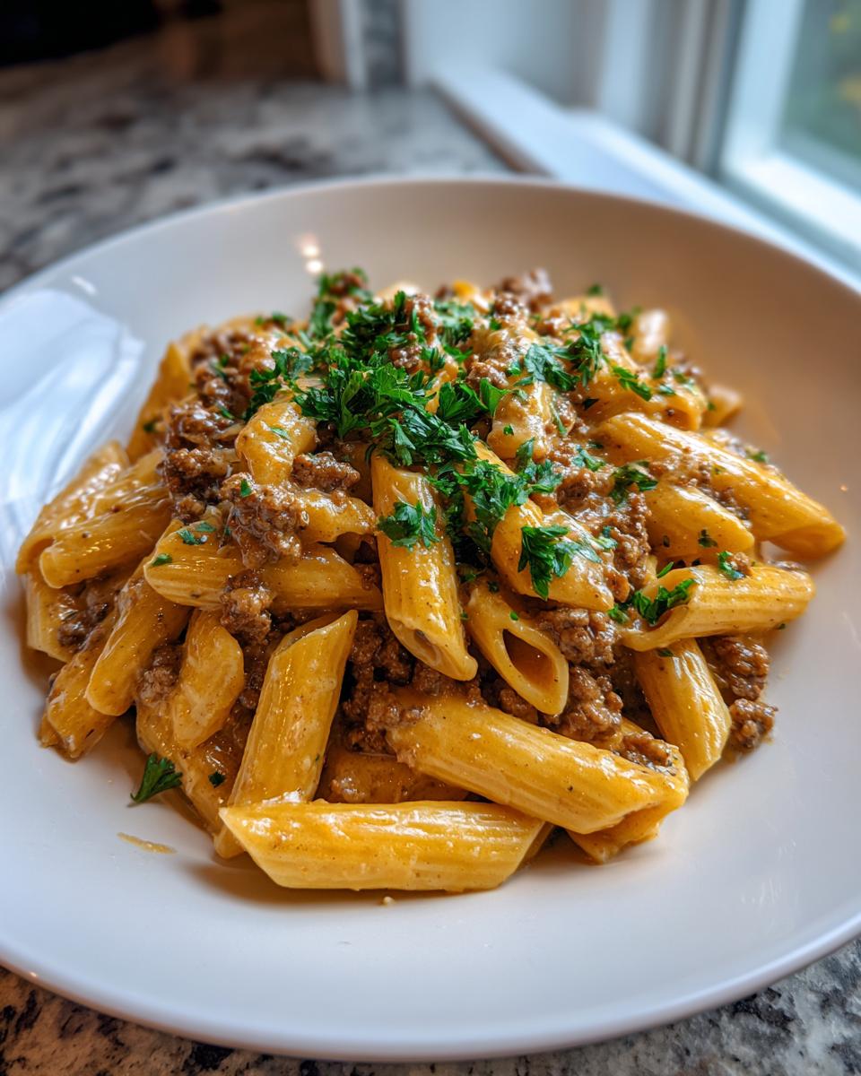 A close-up of a white bowl filled with creamy beef pasta, featuring penne noodles coated in a rich sauce and topped with fresh parsley.