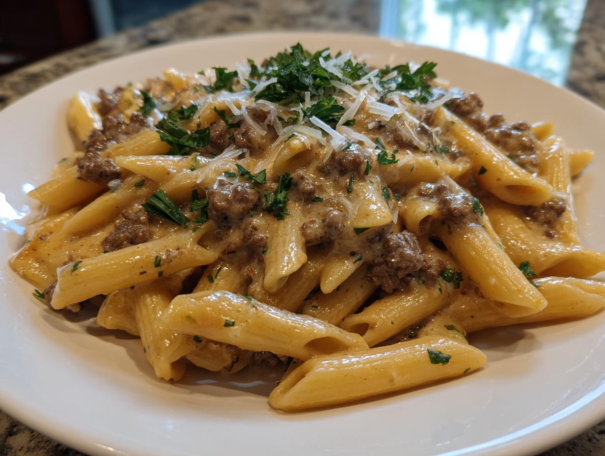 Close-up of creamy beef pasta made with penne, ground beef, and topped with fresh parsley and grated parmesan cheese.