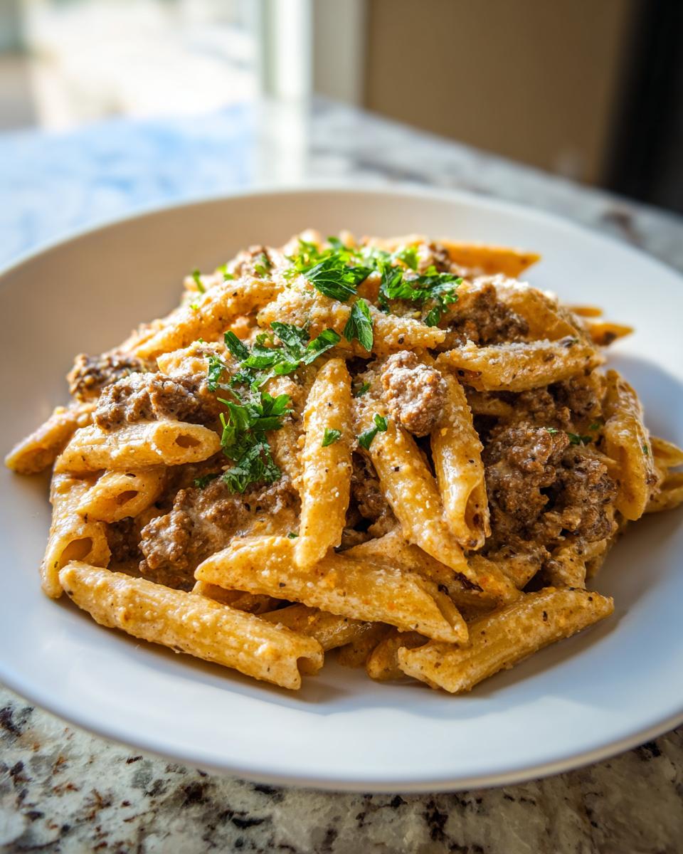 A close-up of creamy beef pasta made with penne, topped with grated cheese and fresh parsley.